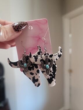 Cowhide Longhorn Earrings with Turquoise Accent - Black & White
